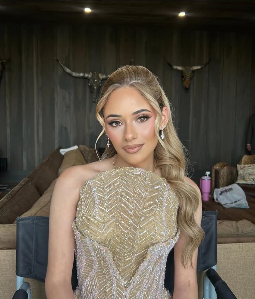 Half-up curled hairstyle with soft glam makeup for a formal event at R&M Salon in Smyrna