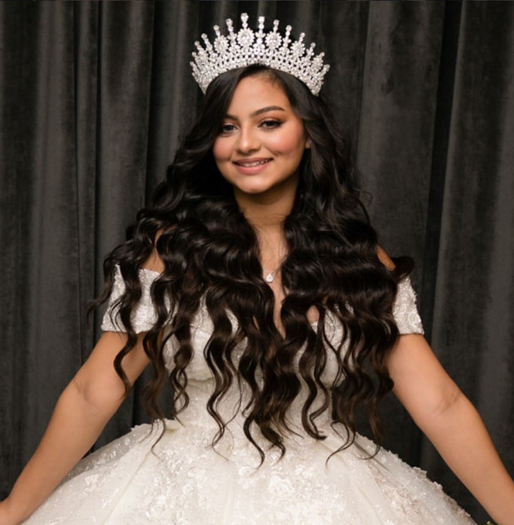 Quinceanera hairstyle with crystal tiara at R&M Salon